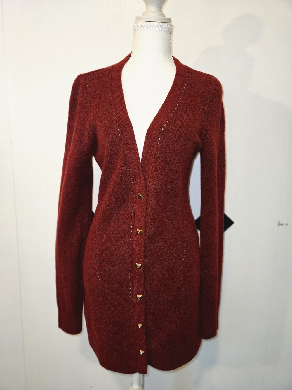 White House Black Market Burgundy V-Neck Button Front Cardigan